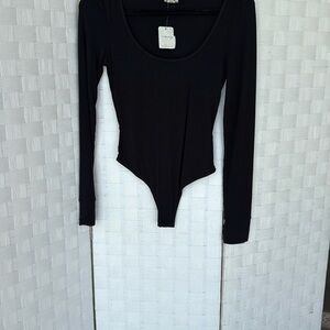 Free People Black Asymmetrical Long Sleeve Bodysuit